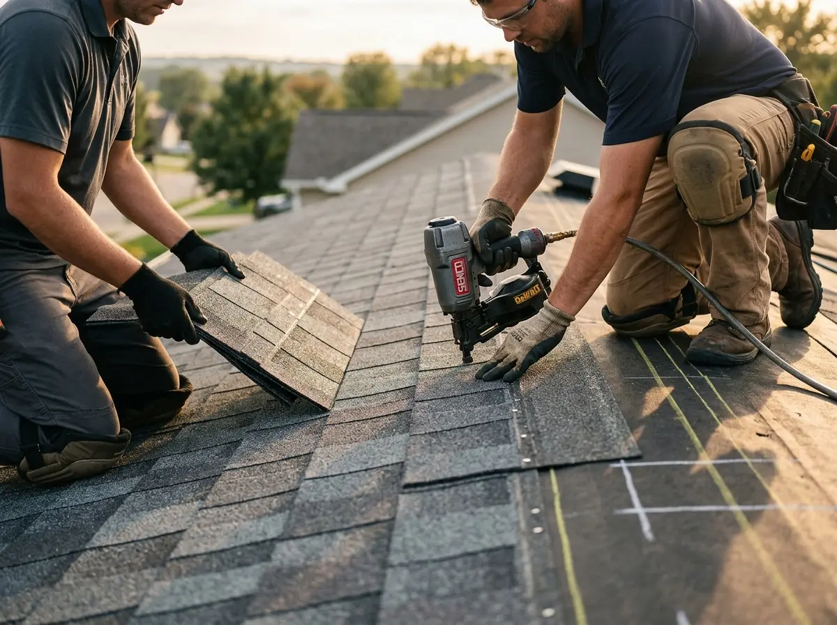 Professional roofer working on a residential roof in Millersville